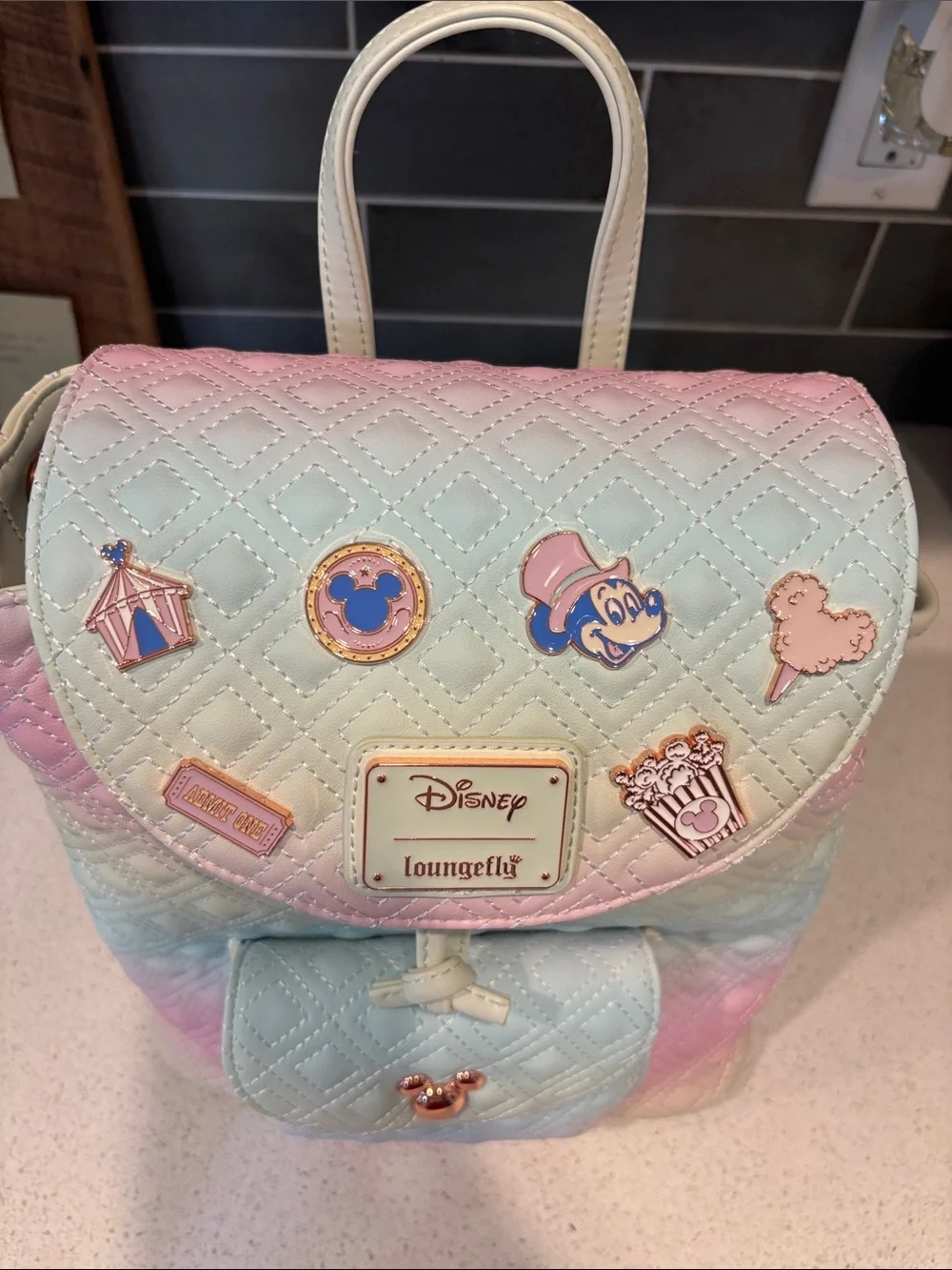 Loungefly Disney Pastel Gradient Quilted Backpack with Faux Rose-Gold Pins NWT